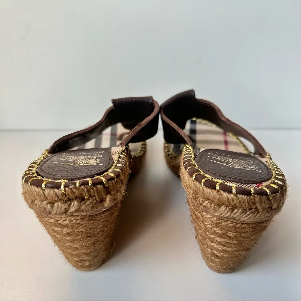Burberry women’s Brown Leather thong Espadrille Wedge Slide sandals S:38 (7.5-8) - Picture 6 of 12